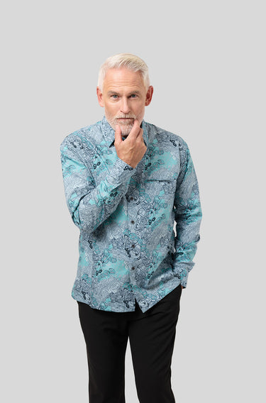 Nusantara Long Sleeve Modern Fit Ring Pull in Gray Turquoise